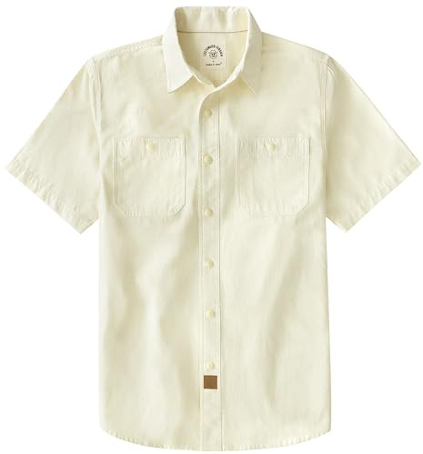 Dubinik® Mens Short Sleeve Chambray Button Down Shirt Lightweight Cotton Regular Fit 2 Pocket Urban Casual Workwear Off-White Large