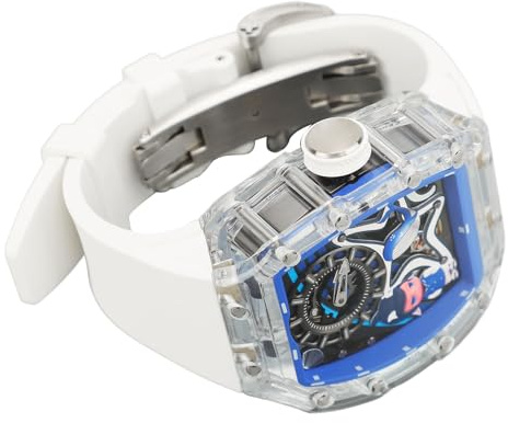 Marine Life Graffiti Hollow Tourbillon Reloj Mecánico para Hombres, Reloj de Pulsera Esqueleto con Recubrimiento Fluorescente, Impermeable, Aspecto Elegante, Espejos Translúcidos