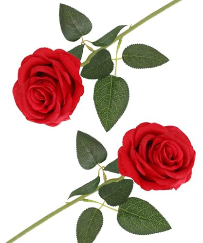 arrderly 2PCS Red Artificial Rose Flowers, Artificial Rose with Stem, Realistic Decorative Flowers for Wedding, Home, Garden, Birthday Party Decoration (Red)