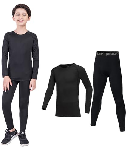 MUNSKT sous Vetement Thermique Enfant, Ensemble de sous vêtement Thermique pour Garçon et Fille à Séchage Rapide Tee Pantalons Set pour Ski Et Football pour 6-14 Ans, Hiver Chaud Respirant (Noir1, L)