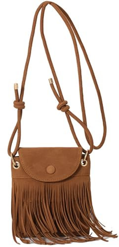 KESUDE Kleine Handtasche Damen mit Quasten - Umhängetasche Hippie Kostüm Damen Crossbody Bag klein Boho Kleidung Damen Handbags for Women, Flower Power, Vintage 70er Mode für Frauen, Braun