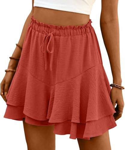 ABINGOO Pantaloncini Donna Estivi Casual Vita Alta Spiaggia Shorts Tinta Unita Gonna Pantalone Corta Elasticizzata Plissettata Pantaloncini(Arancione,L)