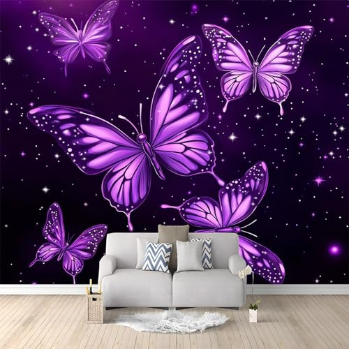 WHUOEUCO Carta da Parati Murale Farfalla Viola Nel Cielo Stellato 350x256 cm Fotomurali Effetto 3D, Poster Carta da Parati Decorazione per Camera dei Bambini Soggiorno Camera da Letto