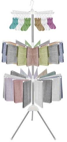 Porte Serviette Salle de Bain, Porte Serviette sur Pied, 3 Niveaux avec 30 Tringles Pivotantes, Structure Métal Chromé, Plastique 76x76x167 cm, Pliable