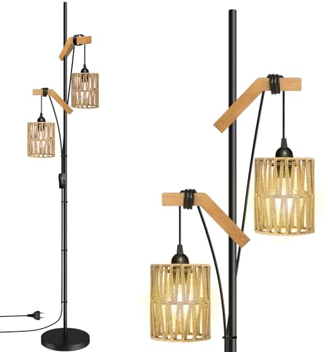 BBHome Lampada da terra Boho per soggiorno, 2 luci, in legno e metallo, stile boho, con paralume in rattan, lampada da terra industriale per camera da letto, cameretta dei bambini, ufficio, senza