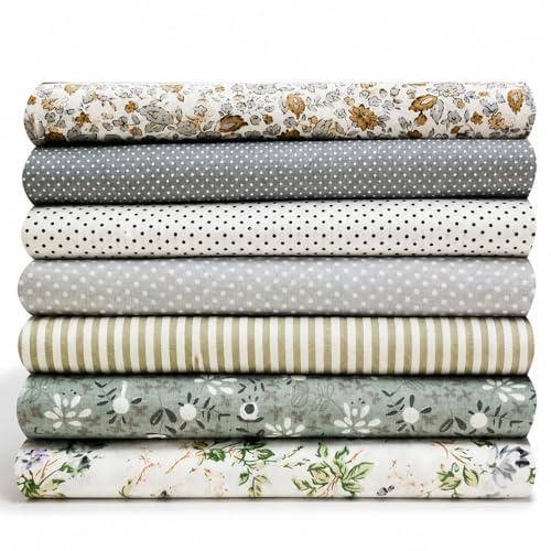 EXGOING Fat Quarters Fabric Bundles, Grey, 7PCS, 20x20 (50x50cm) | Cotton Material, For Sewing, Quilting & Patchwork, Dotty, Printed & Brown Stripe, Fabric Squares for DIY Crafts