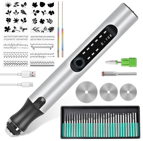 Bolígrafo de Grabado Eléctrico, 50 Piezas Herramientas de Grabado Kit, USB Lapiz Grabador Recargable, Mini Grabador Herramienta de Grabado para Joyas, Cristal, Madera, Plástico, Metal y