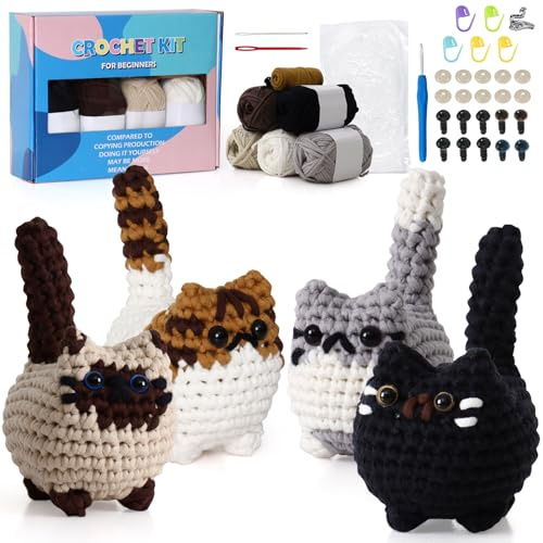 MEIVINES Häkelset für Anfänger Häkelset Tiere Häkeln Anfänger Set Tiere Amigurumi Häkeltiere Set Crochet Set Häkel Set Für Anfänger mit Schritt für Schritt Video Tutorials (4 Stück Katzen)