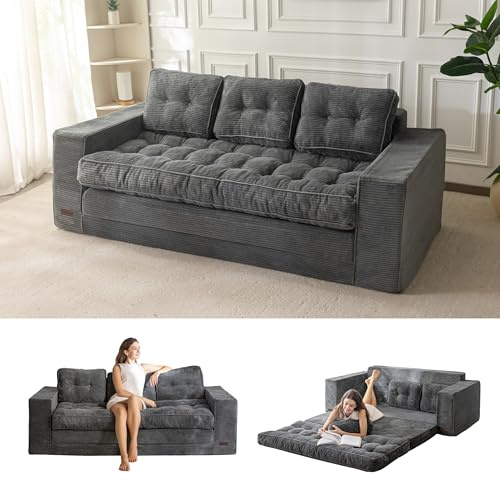 MAXYOYO Sofa Bed, 3 Seater Pull Out Sleeper Sofa with 2 Pillows, 2 in 1 Comfy Corduroy Convertable 3 Seater Couch,Folding Couch Bed 190x85CM, 15cm Thincken Mattress for Living Room