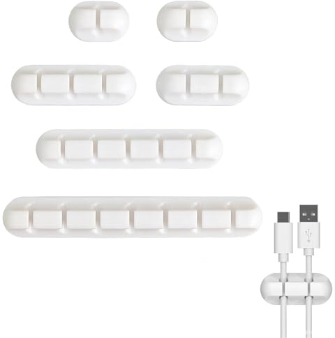 Juego de 4 Organizador de Cables Escritorio en Color Blanco, Gadgets Escritorio, Clips para Cables Autoadhesivos, Soporte Universal para USB, Cargadores y Cables de TV, Duraderos y Fáciles de Instalar