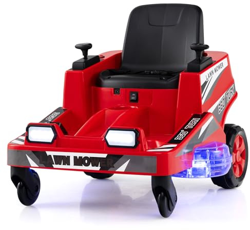 COSTWAY 12V Ride on Lawn Mower for Kids, 2 Motors Electric Car with 360° Twist and Turn, Dual Control Sticks, LED Lights, Outdoor Ride on Toy for 3-8 Years Old (Red)