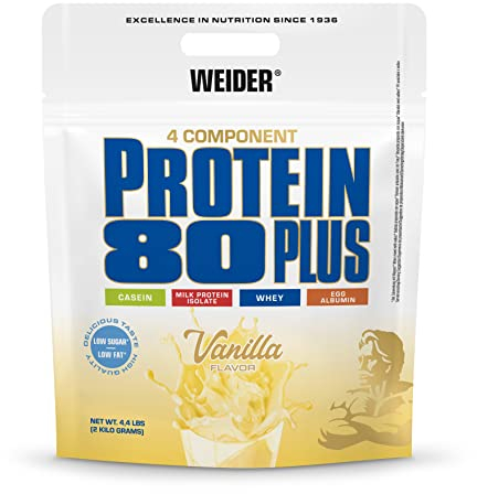 Weider - Protein 80 Plus - 4-Komponenten Protein Pulver - Hoher Proteingehalt mit 80% Eiweiß - Cremige Shakes mit Calcium & Vitamin B6 - 2kg - Vanille