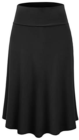 Lock and Love LL WB1105 Womens Lightweight Fold Over Flared Midi Skirt L Black
