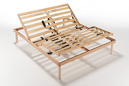 EVERGREENWEB - Electric Double Bed Base 160x190 cm with Natural Wood Slats ORTHOPEDIC Motorized Lift Bed Base Reinforced for all Mattresses 4 Reclining Zones with Rigidity Adjusters, 5 Removable Feet