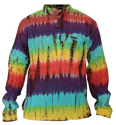 SHOPOHOLIC FASHION Herr batikfärgad hippie farfar skjortor handgjord bomull vardaglig långärmad boho-skjorta, Parallell regnbåge, 3XL