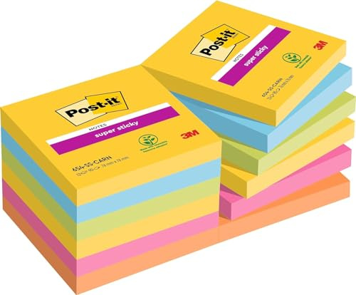 Post-it Super Sticky Notes, 1080 Sheets, Value Pack of 12 Pads, 76 mm x 76 mm - Holds Strong to Many Surfaces - Bright Colours - for Walls, Monitors and Fridge, Recycable
