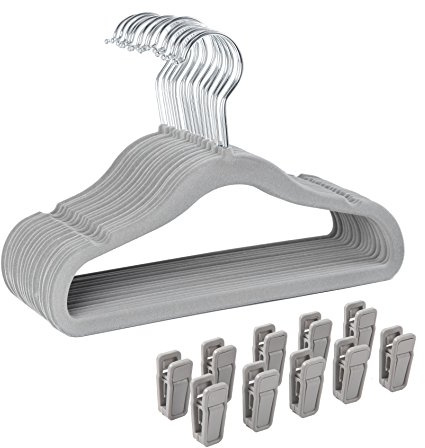 Finnhomy Non-Slip Clothes Hangers for Baby and Kids 30-Pack Velvet Hangers with 10 Finger Clips, Gray