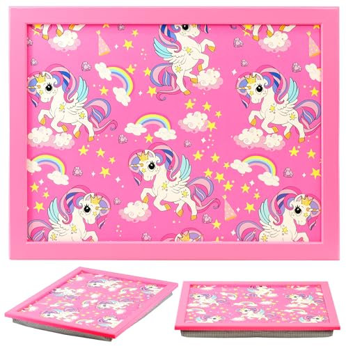 The Magic Toy Shop Wooden Lap Trays with Bean Bag Cushion - Rainbow Unicorns Design - Large Padded Tray for Kids - Suitable for Food, Art, Studies, TV, Sofa, Bed - Fantastic Gift for Girls and Boys