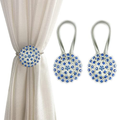 FOZUBOYO Abrazaderas magnéticas para cortinas, paquete de 2 alzapaños de cristal brillante para cortinas con hebilla de cortina con alambre de resorte de alta elasticidad (azul real)