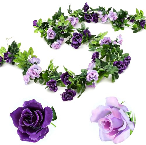 Veryhome 3PCS 23.7FT Artificial Purple Rose Flower Garland, Silk Hanging Floral Garland, Decorative Flower Vines for Room Decor Wedding Arch Flowers for Ceremony (Purple)
