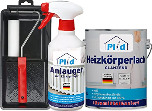 Plid® Heizkörperlack lösemittelhaltig Thermolack Metalllack Heizkörperfarbe schnelltrocknend 2in1 hitzebeständig 80 grad Glänzend Weiß 2,5l