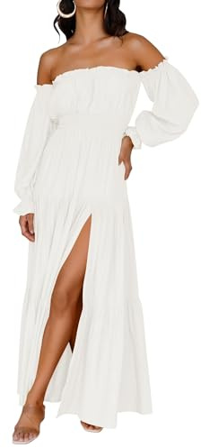 ZESICA Women's Boho Off Shoulder Spring Long Sleeve Dress 2026 High Waist Side Split Sexy Flowy A Line Long Maxi Dresses White Medium
