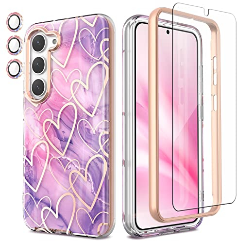 Chvelop 4-in-1 Samsung S23 Case with Screen Protector + Bumper & Camera Protector | Military-Grade Shockproof 360° Protection, Samsung Galaxy S23 Case Glossy Fade-Resistant Pattern Design (Purple)