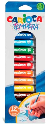Carioca Témpera en Tubos | 12 Tubos de 12 ml, colores surtidos y brillantes, superlavables y mezclables, alta opacidad | Se aplica Sobre Materiales Porosos | 12 piezas