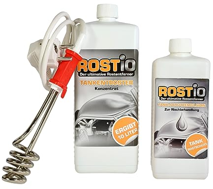 Rostio Tankentroster-Set 1L – inkl. Tank-Schutzemulsion 500 ml + Tauchsieder – hochergiebig (1 : 10) – für Tanks bis 10L – Rostentferner & Korrosionsschutz – Entrostung auch bei starkem Rost