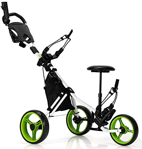 COSTWAY Chariot de Golf à 3 Roues Pliable, avec Porte-gobelet, Frein à Pied, Tableau de Score, Sac de Rangement, Poignée Réglable sur 4 Positions, Porte-Parapluie et Siège Réglables(Vert + Noir)