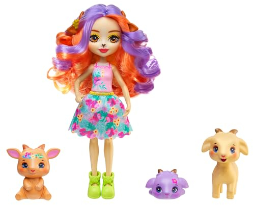 Enchantimals Sunshine Beach Tierpuppe und 3 Ziegen-Haustierfreunde, Spielzeug zum Stylen mit farbenfrohen Moden, HXC00