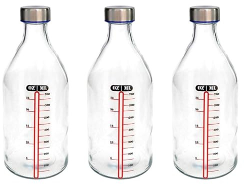 Tradineur - Pack de 3 Botellas medidoras de Vidrio con tapón de Acero, línea de Medida y Cierre de Rosca, Agua, Leche, Batidos, zumos, licuados de Verduras, Salsas, frigorífico - 1 litro