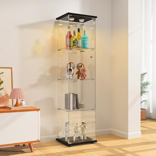 BPKADHY vitrina de cristal 4 estantes, 164 x 42,5 x 36,5 cm, mueble con 7 colores RGB y 1 puerta, cerradura, para colección, transparente armario de pie para sala de estar, negro