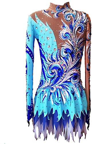 Kmarouse Mädchen-Trikot for Rhythmische Gymnastik, Glitzernde Diamanten, Lange Ärmel, Atmungsaktiv, Wettkampf-Gymnastik-Uniformen(4XL)