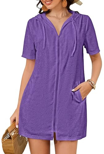 Bsubseach Bata de baño de tela de rizo para mujer, con capucha y cremallera, camisa de playa con bolsillos, Morado (, L