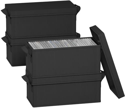 Lifewit 4 Pack CD Storage Boxes with Handles, Stackable CD Case Organizer with Lid, Foldable Record Storage Container Holds up to 30 CDs, Black