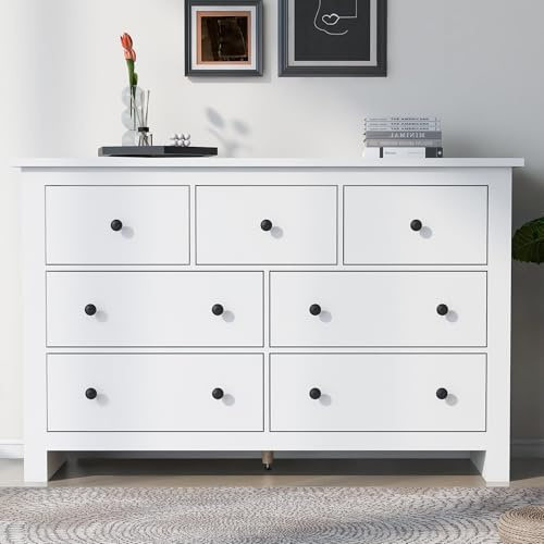Jaxenor Chest of Drawers with 7 Drawers for Bedroom, White | Storage Cabinet, Storage Sideboard for Living Room Home Office Hallway, TV & Filing Cabinet, 152x40x89cm