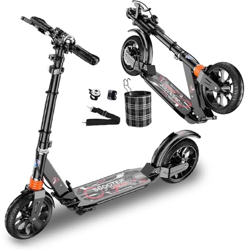 GHBXJX Faltbarer Scooter Pro, Roller für Erwachsene bis 150kg Verstellbar Scooter, ABEC-9 Lagern, Roller Kinder- Klappbar Lenker hinterradbremse und Stoßdämpfer, 4-Fach Höhenverstellbar,Schwarz