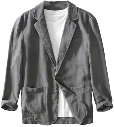 Chaqueta Informal para Hombre, De Lino Y Algodón, Transpirable, De Corte Regular, Abrigo Deportivo, Chaqueta De Traje con Cuello Vuelto, Chaqueta Deportiva Ligera De Verano con Dos Botones, Gris Os