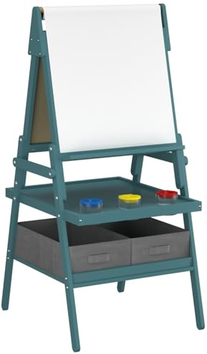 GYMAX Wooden Kids Easel, Double Sided Painting Easel (Green) | Whiteboard, Chalkboard, Paper Roll, Storage Trays, 3 Paint Cups & 2 Fabric Drawers, Children Drawing Board for 3-6 Years Old