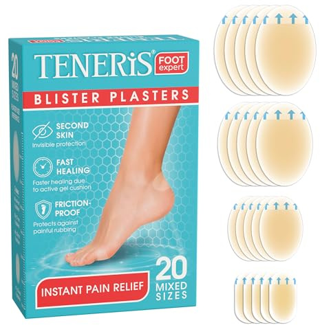 Teneris, 20 Hydrocolloid Blister Plasters – Instant Pain Relief, Waterproof & Invisible, Fast Healing, Friction-Proof – Thin & Flexible Blister Pads for Feet, Heels & Toes – 4 Mixed Sizes (20 Pack)