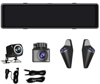 Fangxuee Cámara de Tablero con Espejo Retrovisor de 12 Pulgadas, Transmisión Multimedia, 1080P, Cámara de Asistencia para Puntos Ciegos Delanteros, Traseros, Izquierdo y Derecho
