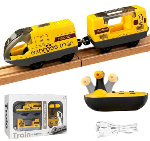 Ruioomeep Giocattolo elettrico per binari in legno, treno a batteria, treno telecomandato con effetti sonori e luminosi, treno locomotiva, treno giocattolo elettrico per bambini dai 3 anni in su