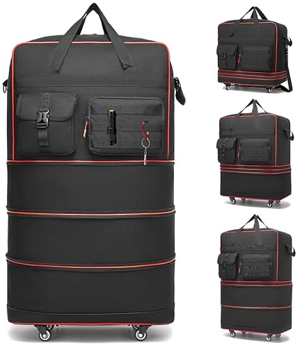 seyfocnia Tactical Foldable Travel Bag, Large Suitcases with Wheels Rolling Travel Duffle Bag with Wheels and Handle, Expandable Foldable Luggage Bag Collapsible Luggage, Black