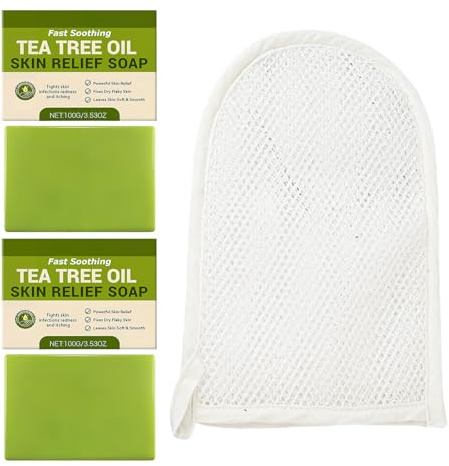hommova Tea Tree Soap, 3 Pcs Antibacterial Soaps Bar with Scrub Glove for Body, Face, Hand