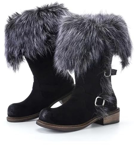 GHTRHSB Bottes de neige mi-mollet pour femme en fausse fourrure - Chaudes et repliables - Antidérapantes - Talon bas - En daim synthétique, Noir , 36.5 EU