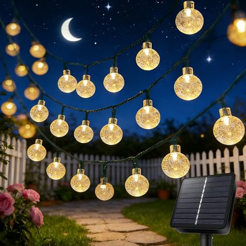 Liyade Cadena de luces solares para exteriores, 8 m, 40 LED, 8 modos, bolas de cristal, resistente al agua, IP65, cadena de luces solares para exteriores, para jardín, terraza, balcón (blanco cálido)