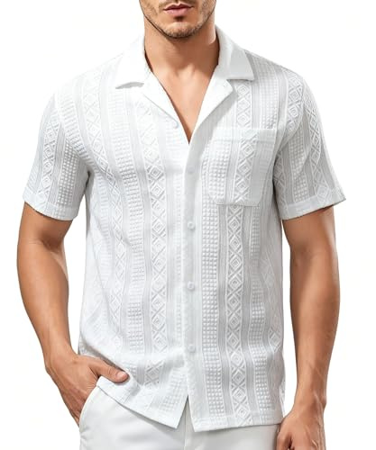 Casey Kevin Chemise Homme à Col Cubain Manches Courtes, Jacquard Texturé