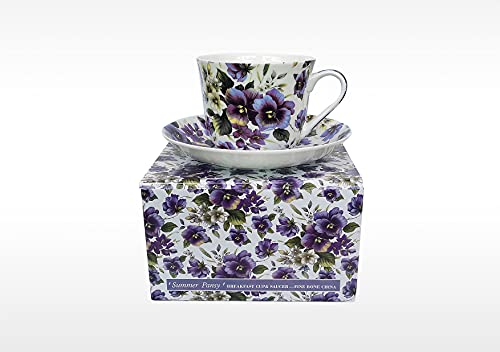 heritage BONE CHINA BREAKFAST CUP/SAUCER SUMMER PANSY GIFT BOXED POSTAGE FREE UK