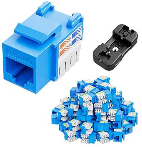 iwillink 10Gbps Cat6 Keystone Jack and Punch-Down Stand, 50-Pack, RJ45 Ethernet Keystone Jacks, 90-Degree UTP Modular Punch Down Keystone Jack Adapter, Blue